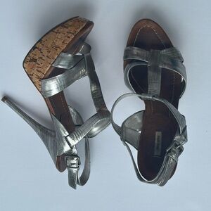 Miu Miu Silver Strappy Heels with Cork Platform